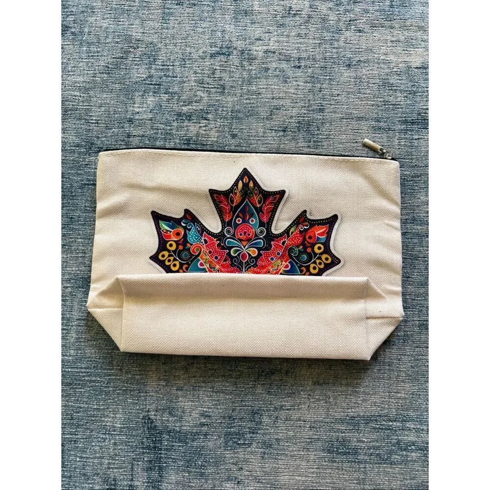 Colorful Maple Leaf Cotton Canvas Small Makeup Bag Travel Toiletry Pouch